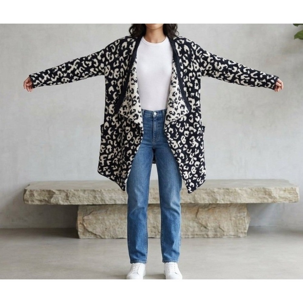 UGG Phoebe Leopard Print Wrap Cardigan Sweater Fuzzy Cozy Draped Open Front M